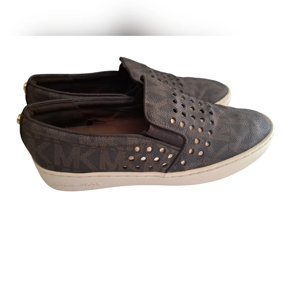 MK Michael KORS Keaton loafer shoes flats slip on laser cut out brown gold 6.5 - Picture 3 of 10